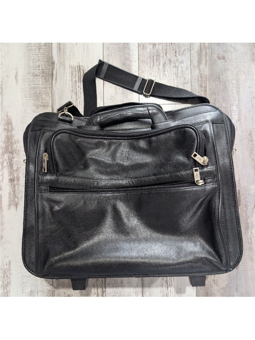 Frye‎ Black Leather Rolling Carry On Luggage Laptop Bag 15"X16"X 9.5"
